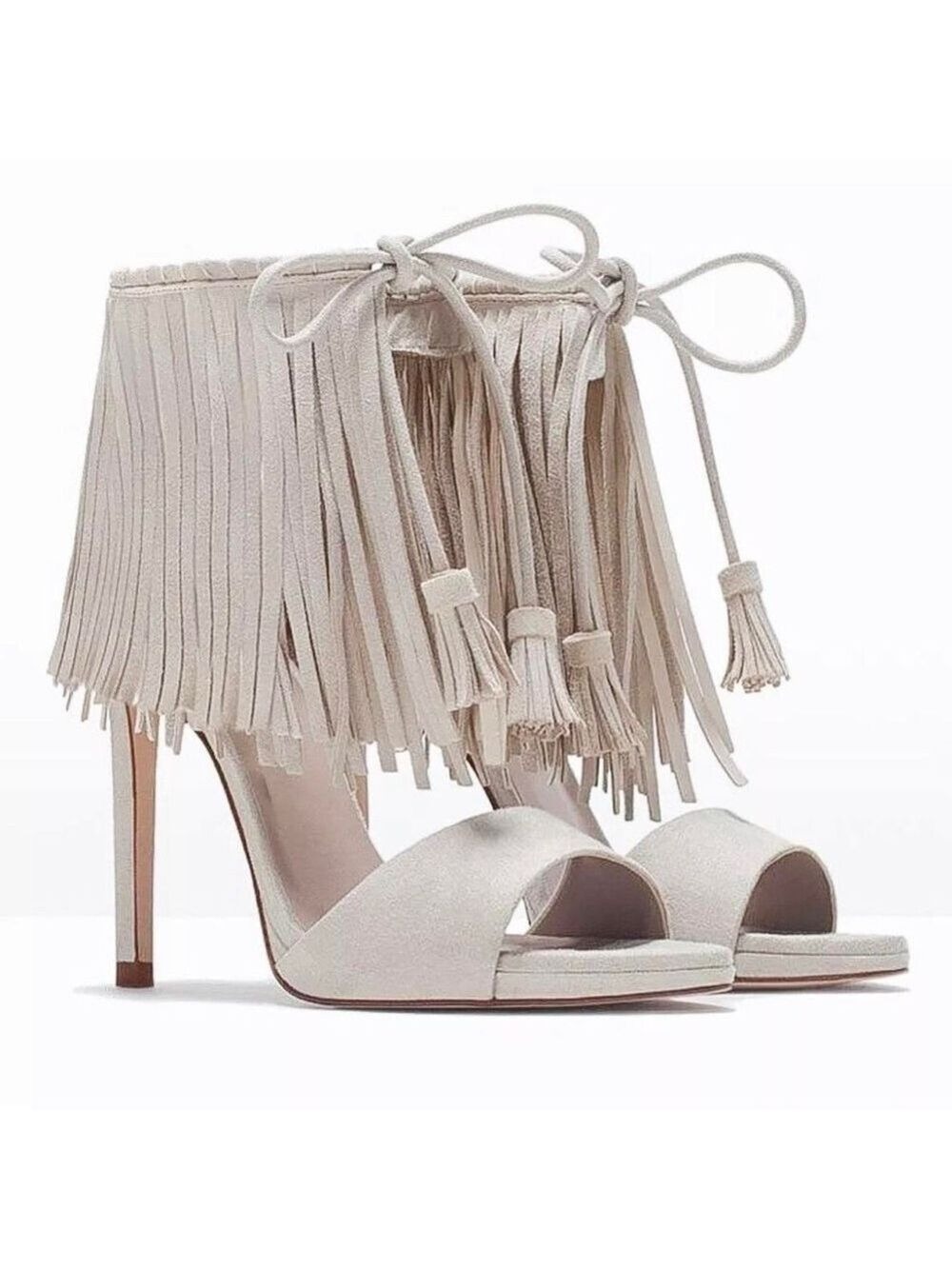 Zara Faux Suede Fringe Tassel Tie High Heel Sandals in Bone/Cream - Picture 2 of 15